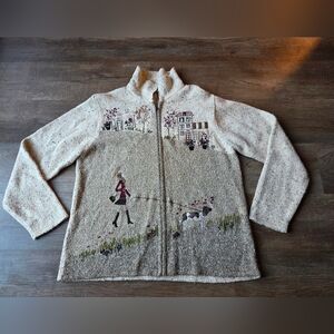Vintage TanJay Embroidered Lady Walking the Dog Full Zip Knit Cardigan Sweater